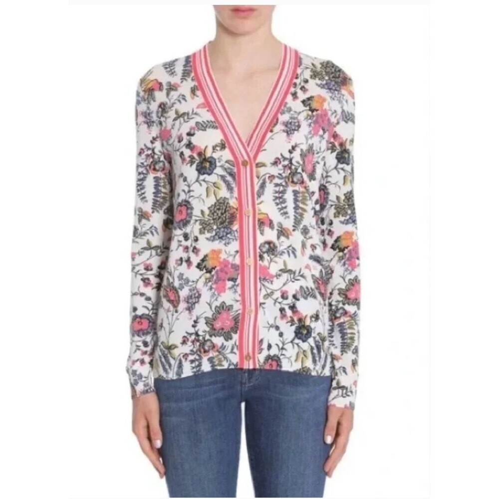 Tory Burch Noelle Floral Print Cardigan Sweater Small